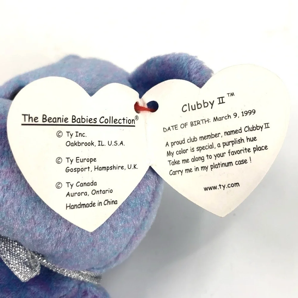 Vintage 1999 Retired Ty Beanie Baby Clubby 2 Bear Purple Blue Silver Bow Rare